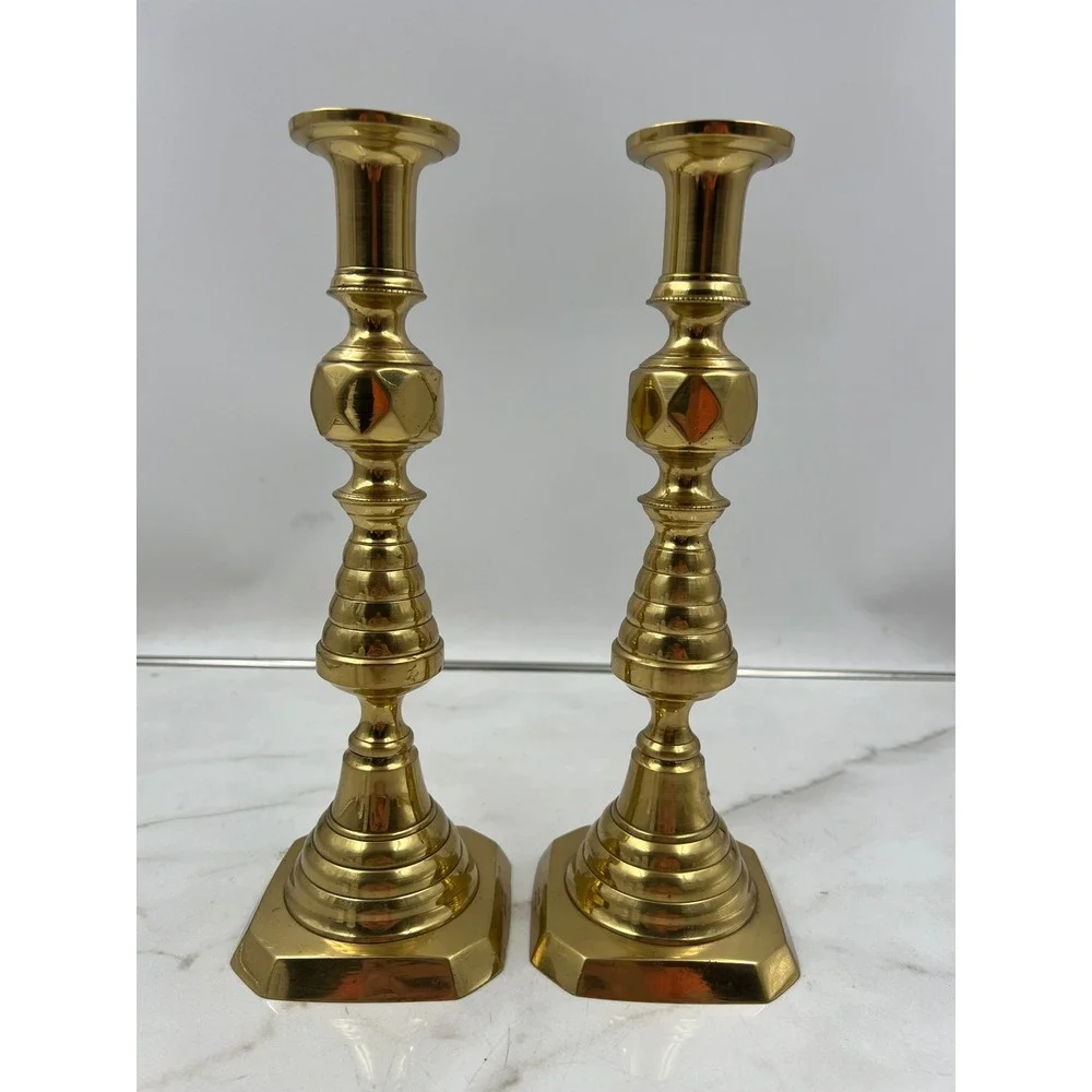 Vintage England Brass Beehive Candlesticks Pair RD223580 Diamond Turned 10.5in
